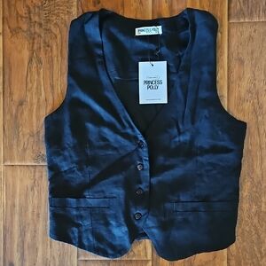 Princess Polly Ginger Linen Blend Vest Black 6 NWT
